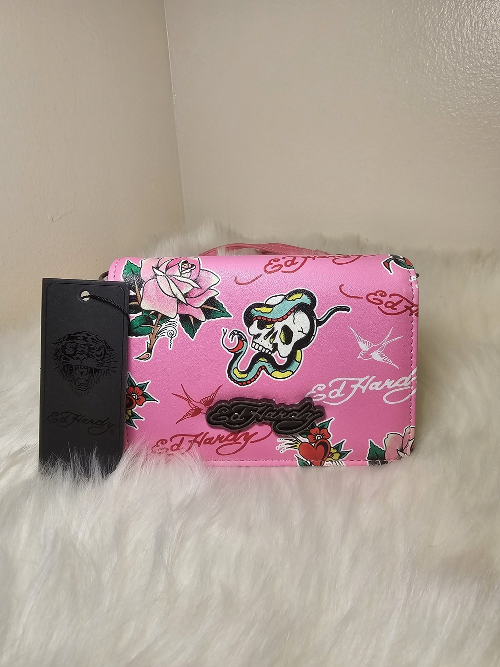Ed Hardy Pink Tattoo-Print Crossbody Bag